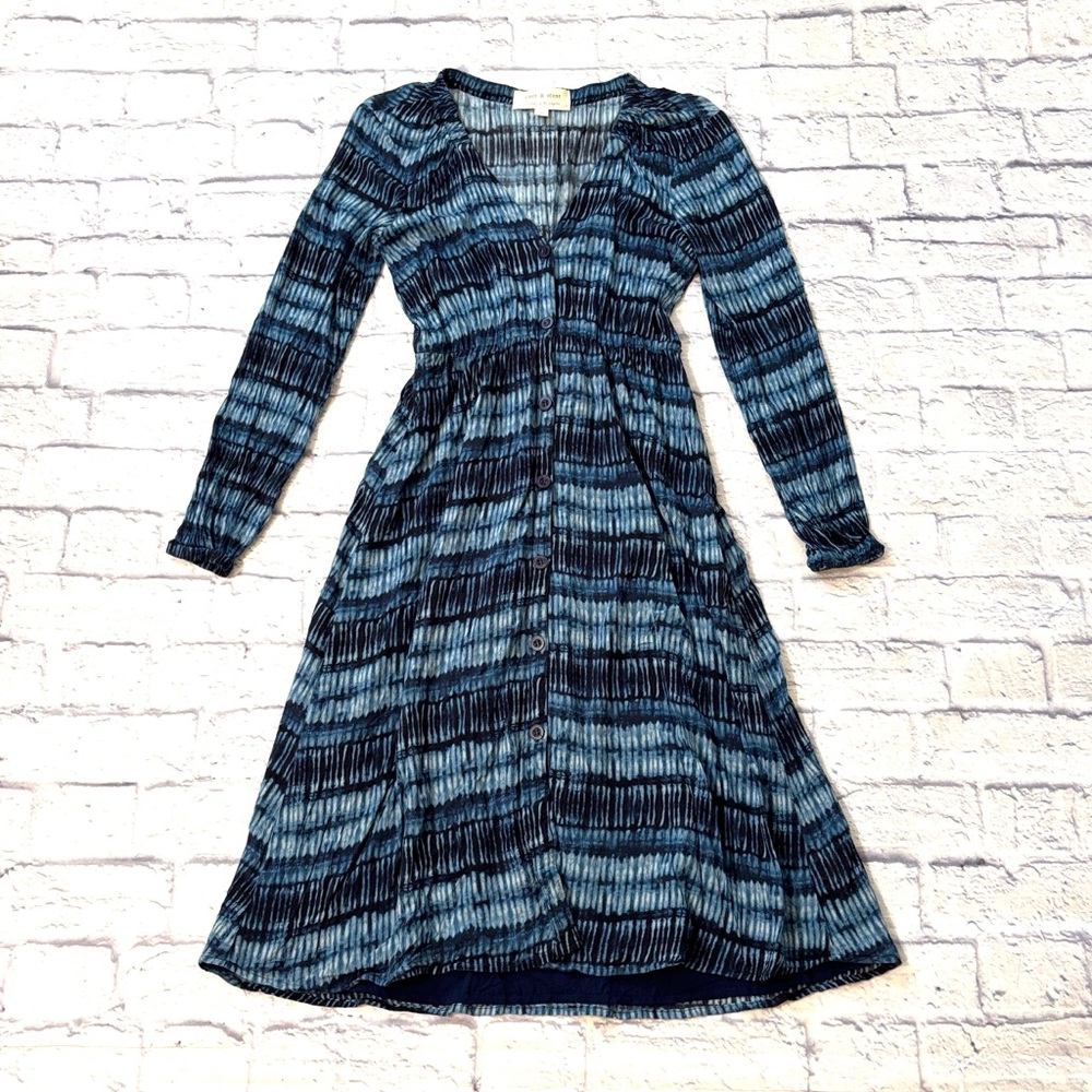 Cloth & Stone Striped Blue Tie Dye Long Sleeve Dress Feminine Bohemian Size S